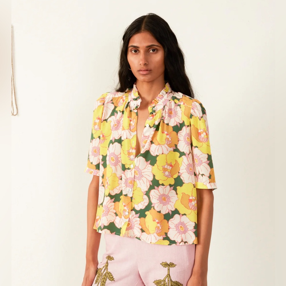 Alix Of Bohemia Winnie Citrus Blossom 100% silk shirt size S yellow pink green